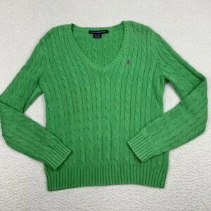 Ralph Lauren Sport Cable Knit Sweater Women's Large V-Neck Green Pink Pony